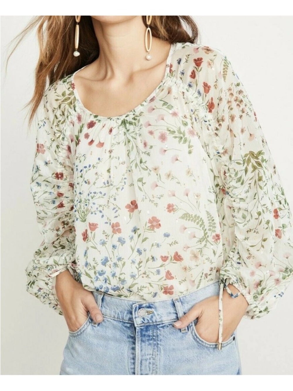 $298 Joie Neema Ruched Sleeve Floral Blouse